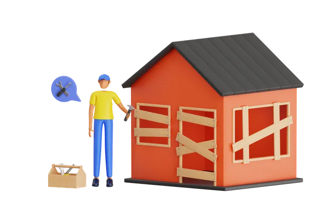 Ilustracao 3 D De Renovacao De Casa Homem Consertou A Casa Velha 3D Illustration
