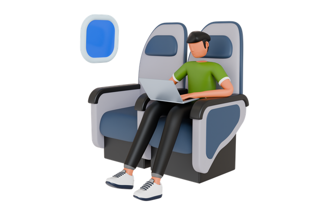 Homem fazendo trabalho remoto enquanto viaja de avião  3D Illustration