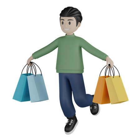 Homem feliz correndo com sacolas de compras  3D Illustration