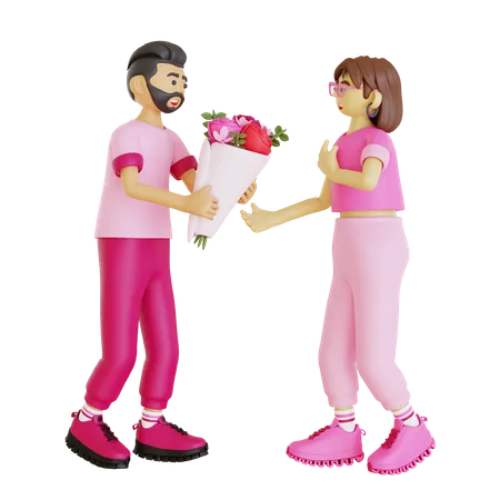 Homem feliz dando buquê de flores para garota  3D Illustration