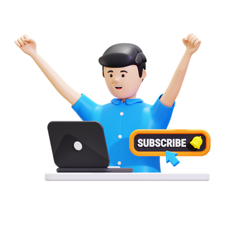 Homem feliz fazendo promoção de canal de inscrição  3D Illustration