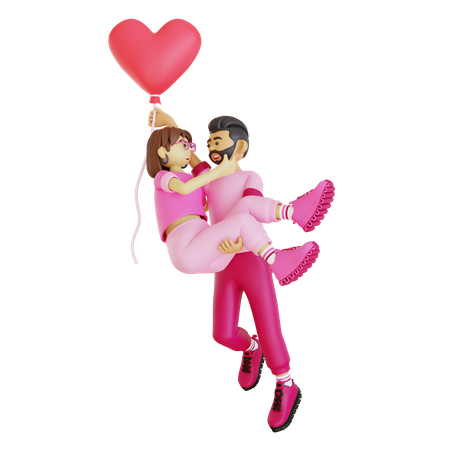 Homem feliz levantando garota com balão de coração  3D Illustration