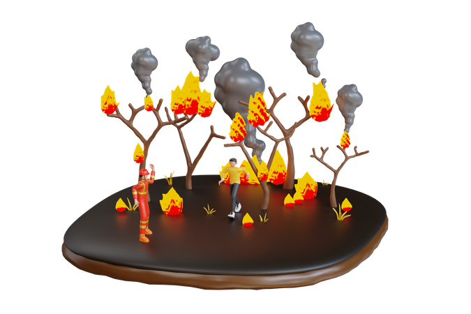 Homem fugindo de incêndios florestais  3D Illustration