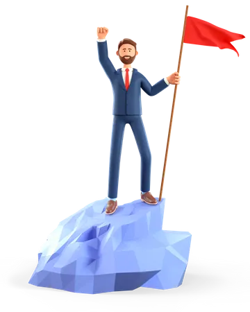 Ilustracao 3 D De Um Homem Sorridente Hasteando Uma Bandeira Vermelha No Topo Da Montanha Empresario Feliz Bonito Dos Desenhos Animados Jogando A Mao Para Cima Alcancando Metas 3D Illustration