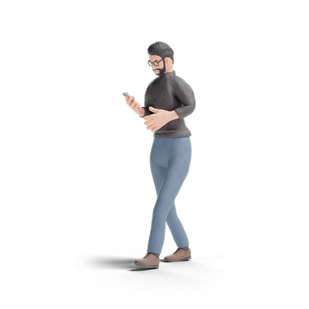 Homem hipster andando usando telefone  3D Illustration