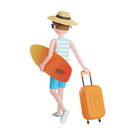 Homem saindo de férias na praia  3D Illustration