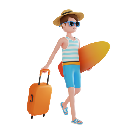 Homem indo em viagem à praia  3D Illustration