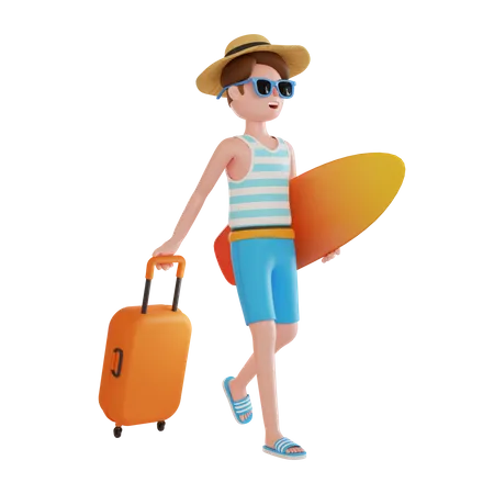 Homem indo em viagem à praia  3D Illustration