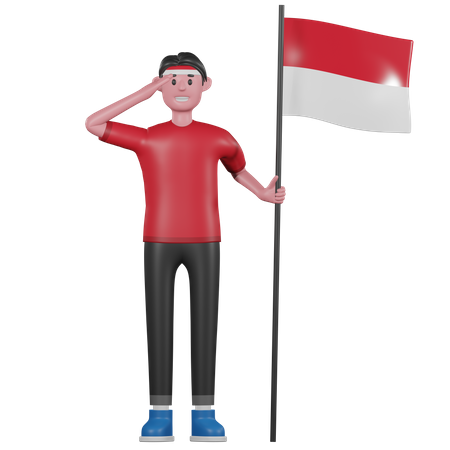 Homem indonésio fazendo saudação e segurando a bandeira da Indonésia  3D Illustration