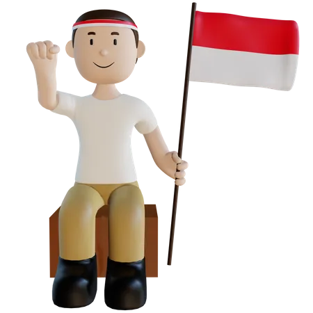 Homem indonésio segurando bandeira  3D Illustration