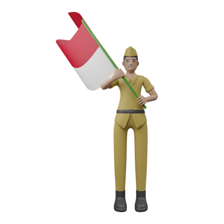 Homem indonésio segurando a bandeira da Indonésia  3D Illustration