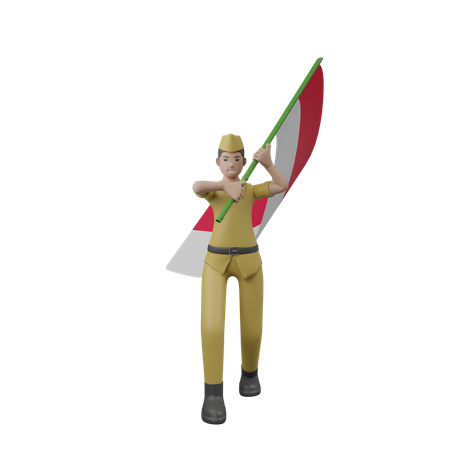 Homem indonésio segurando a bandeira da Indonésia  3D Illustration