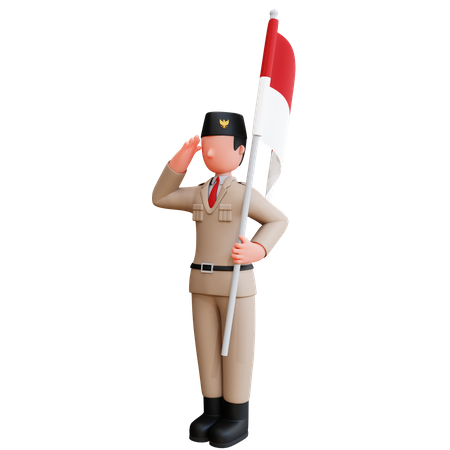 Homem indonésio segurando bandeira indonésia e fazendo saudação  3D Illustration