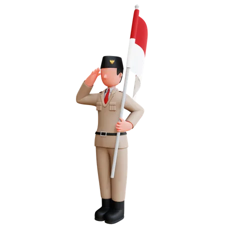 Homem indonésio segurando bandeira indonésia e fazendo saudação  3D Illustration