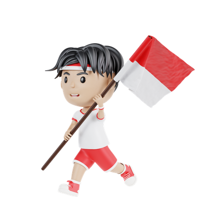 Homem indonésio segurando bandeira indonésia enquanto corre  3D Illustration