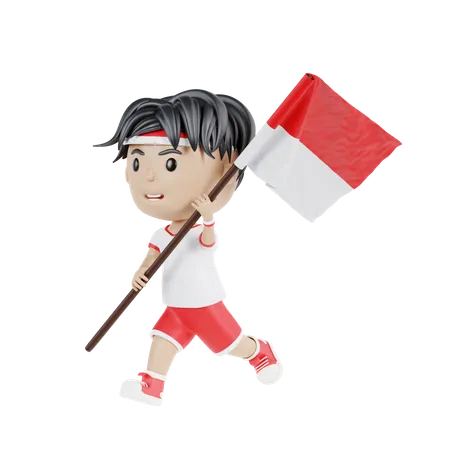 Homem indonésio segurando bandeira indonésia enquanto corre  3D Illustration