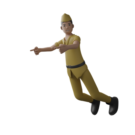 Homem indonésio voando e apontando o dedo para o lado direito  3D Illustration