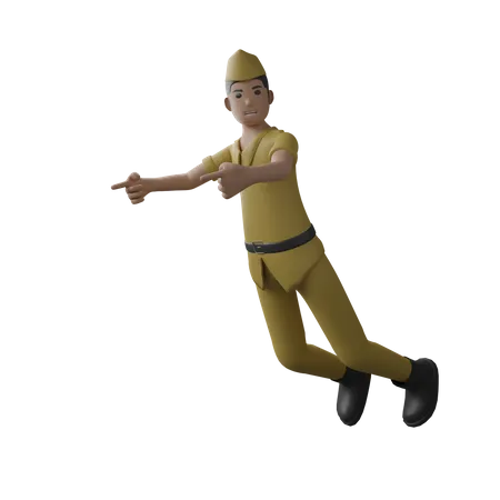Homem indonésio voando e apontando o dedo para o lado direito  3D Illustration