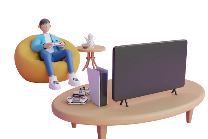 Homem 3 D Jogando No Sofa Homem De Personagem De Desenho Animado Na Poltrona De Bolsa Vermelha Joga Videogame Joga Videogame No Computador Ilustracao 3 D 3D Illustration