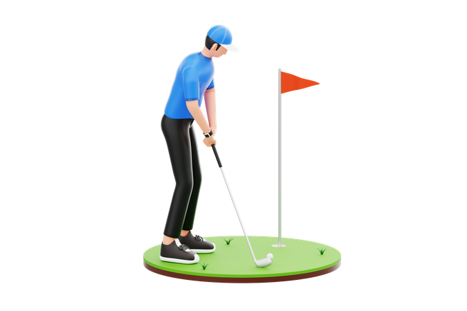 Homem jogando golfe no campo  3D Illustration