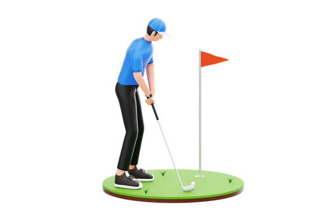 Homem jogando golfe no campo  3D Illustration