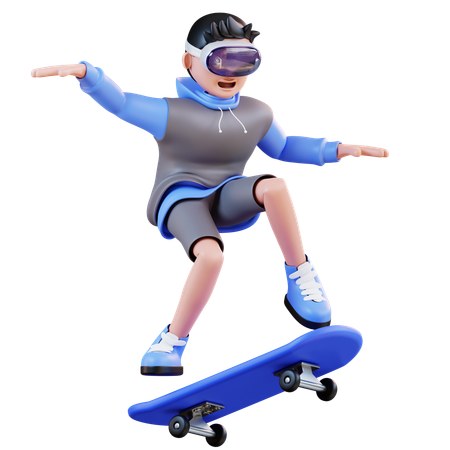 Homem jogando skate em realidade virtual  3D Illustration