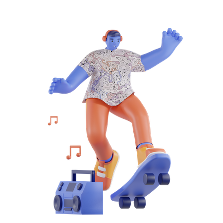 Homem jogando skate enquanto ouve música  3D Illustration