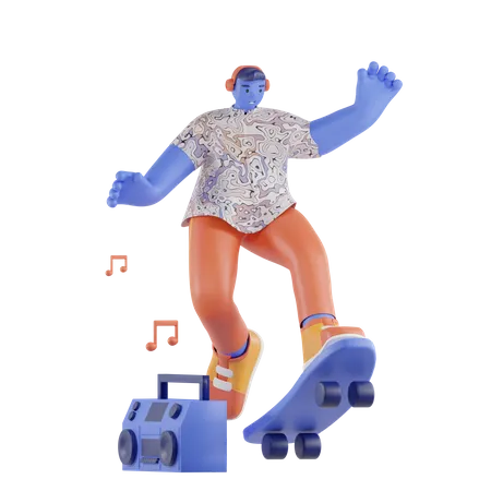 Homem jogando skate enquanto ouve música  3D Illustration