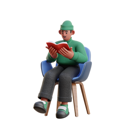 Homem lendo livro enquanto está sentado na cadeira  3D Illustration