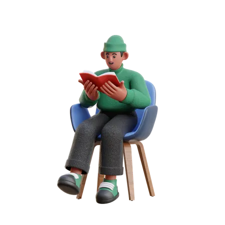Homem lendo livro enquanto está sentado na cadeira  3D Illustration
