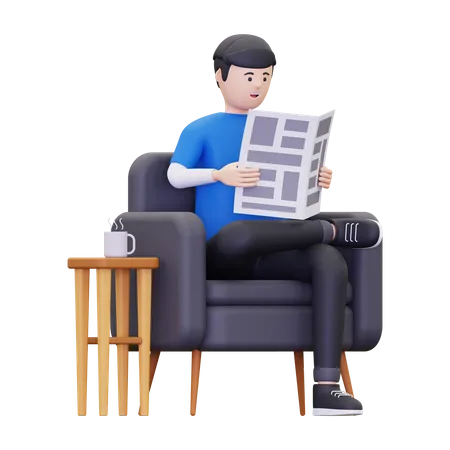 Homem 3 D Lendo O Jornal Enquanto Aprecia A Ilustracao Do Cafe 3D Illustration