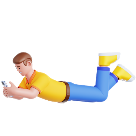 Homem deitado e usando smartphone  3D Illustration