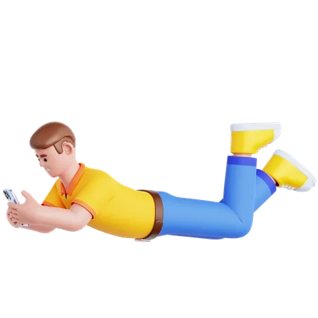 Homem deitado e usando smartphone  3D Illustration