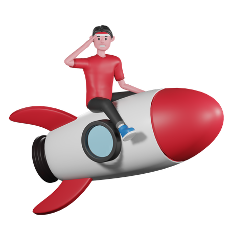 Homem andando de foguete e fazendo uma saudação  3D Illustration