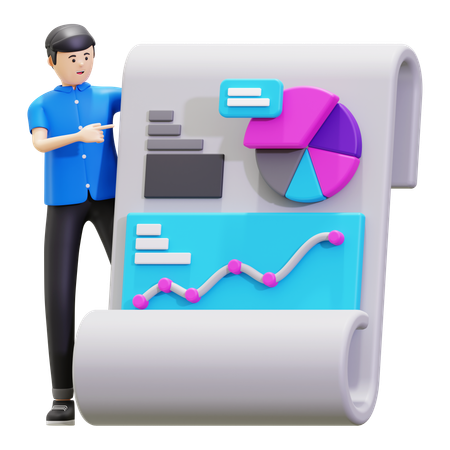 Homem mostra resultados de relatório de dados  3D Illustration