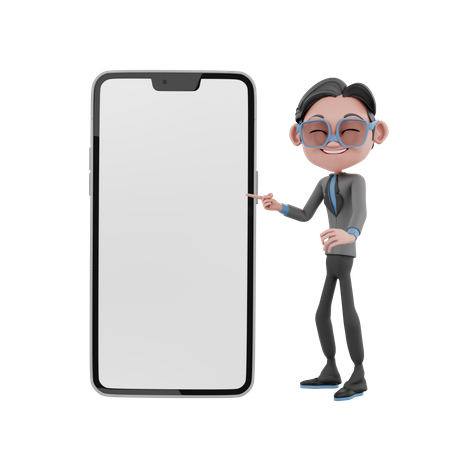 Homem mostrando a tela do celular em branco  3D Illustration