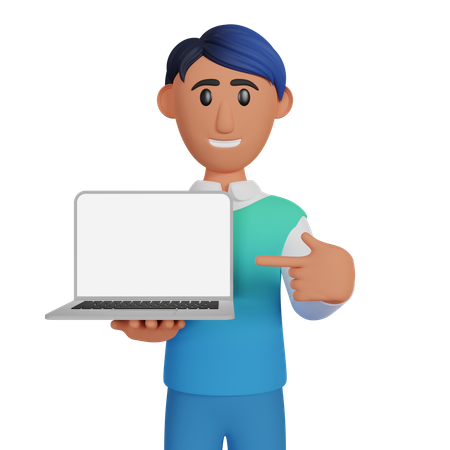 Homem mostrando a tela do laptop  3D Illustration