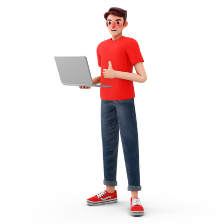 Homem mostrando polegares para cima enquanto usa laptop  3D Illustration
