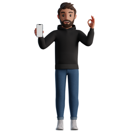 Homem mostrando um smartphone com tela em branco e gesto OK  3D Illustration