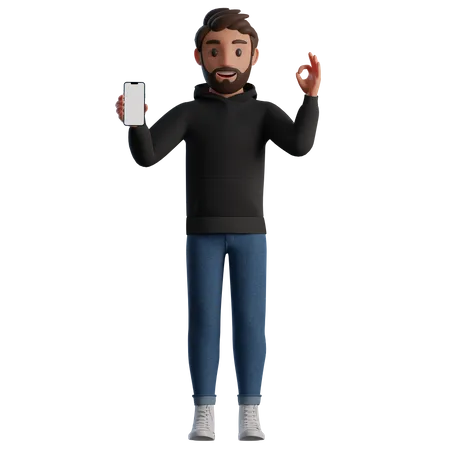 Homem mostrando um smartphone com tela em branco e gesto OK  3D Illustration