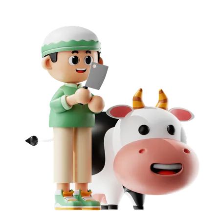 Homem muçulmano corta vaca para festival de Eid  3D Illustration