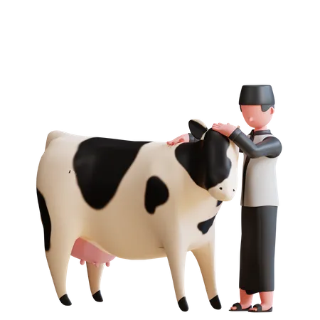Homem muçulmano cuidando de vaca  3D Illustration