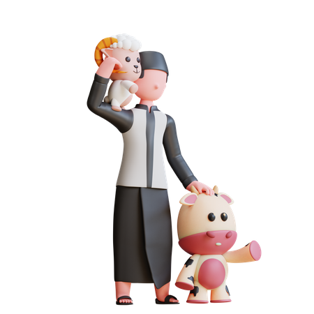Homem muçulmano cuidando de bebês de vacas e ovelhas  3D Illustration