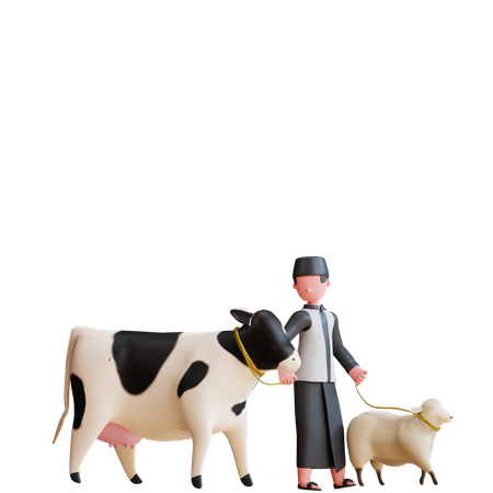 Homem muçulmano cuidando de vacas e ovelhas  3D Illustration