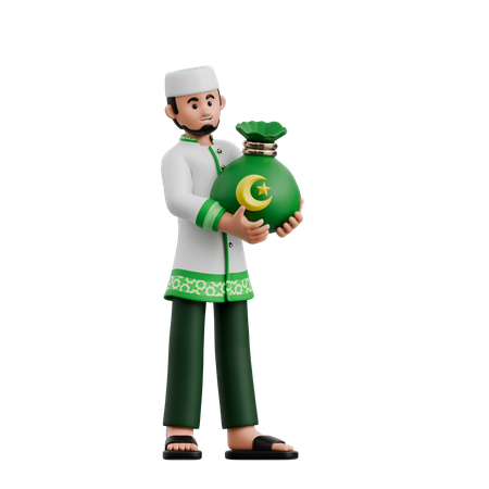 Homem muçulmano dando Zakat Fitrah  3D Illustration