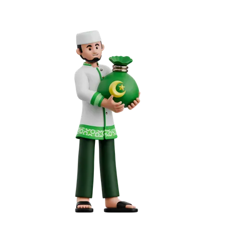 Homem muçulmano dando Zakat Fitrah  3D Illustration