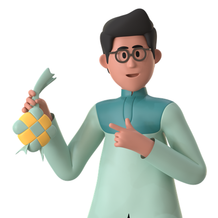 Homem muçulmano mostrando Ketupat  3D Illustration