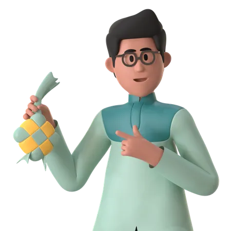 Homem muçulmano mostrando Ketupat  3D Illustration