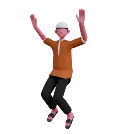 Homem muçulmano pulando de alegria  3D Illustration