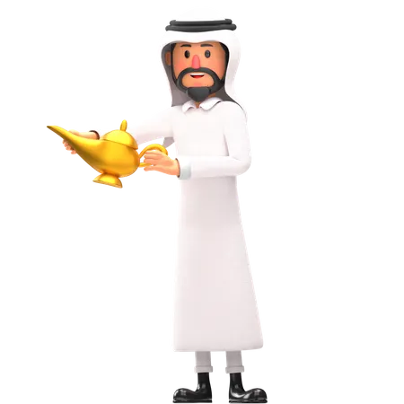 Homem muçulmano segurando o pote de Aladdin  3D Illustration